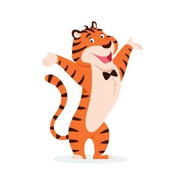 Flat happy smiling striped tiger with hands up Stock Illustration