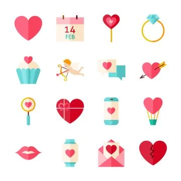 Flat Happy Valentine Day Objects Set isolated over White Stock Illustration