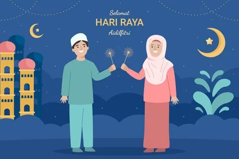 Flat hari raya aidilfitri background with people holding sparklers Stock Illustration