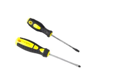 Flat head screwdriver with plastic yellow and black handle Stock Photos