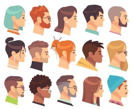 Flat heads in profile. Different human heads, male and female with various Stock Illustration