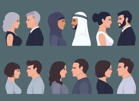 Flat heads in profile. Different human heads, male and female with various Stock Illustration