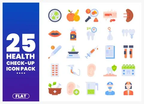 Flat health check-up icon pack for medical services. Stock Illustration