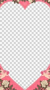 Flat heart frame is showing pink border with florals, cherubs, hearts, clear Stock Illustration