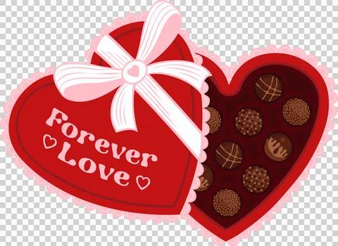 Flat heart shaped gift box is showing truffles, bow  and  Forever Love text on Illustrazione stock