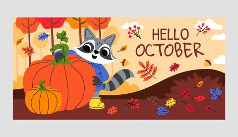 Flat hello october horizontal banner template for autumn Stock Illustration