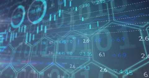 Flat hex grid visualizing financial analytics, showing cyan bars, line chart Stock Footage 309068061