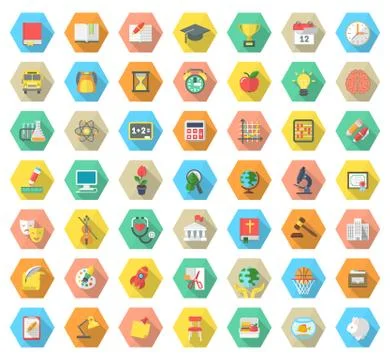 Flat Hexagonal School Subjects Icons with Long Shadows Stock Illustration
