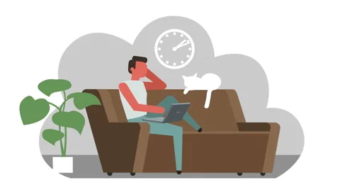 Flat Home Online Workplace Sofa Stick Figure Color Pictogram Man Character Video stock 128816644