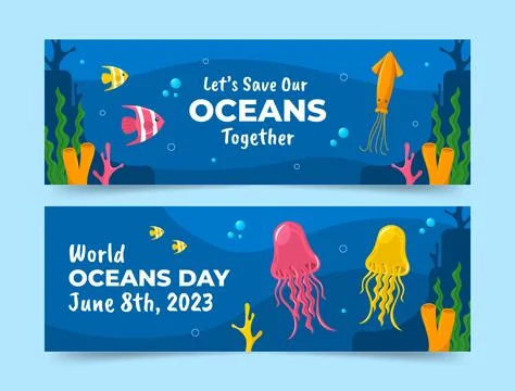 Flat horizontal banner template for world oceans day celebration Stock Illustration