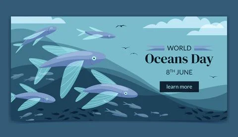 Flat horizontal banner template for world oceans day celebration Stock Illustration