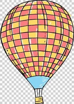 Flat hot-air balloon featuring red-yellow panels, blue skirt, ropes, basket on Stock-Illustration