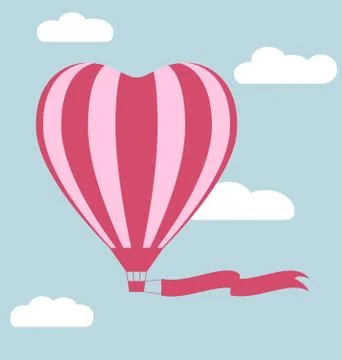 Flat hot air balloon in the shape of a heart with flag isolated Illustrazione stock