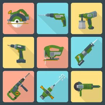 Flat house remodel power tools icons Stock Illustration
