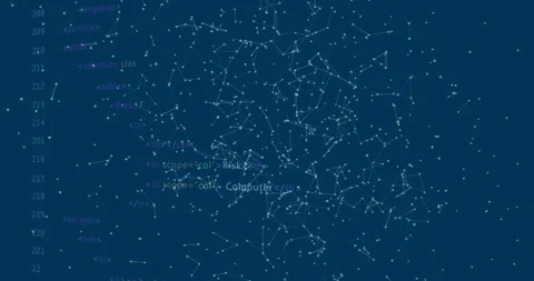 Flat HTML code initiating scrolling, nodes drifting, reconfiguring, showcasing Stock Footage 315535632