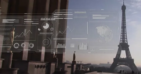 Flat HUD floating above terrace while visualizing data and tracking stats Stock Footage 308046857