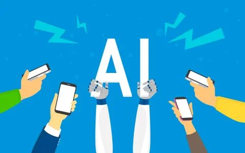 Flat human hands hold big AI symbol Stock Illustration