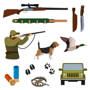 Flat hunting set. Isolated colored objects on white background. Vector . Stock Illustration