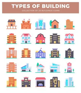Flat icon building collection. diverse architectural styles. on white backg.. Ilustración de archivo