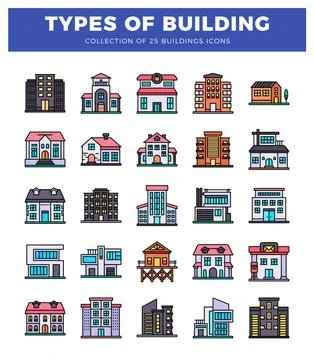 Flat icon building collection with various architectural styles. Ilustración de archivo