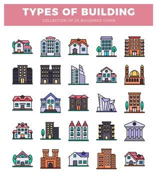 Flat icon building types with colorful outlines on white background. Ilustración de archivo