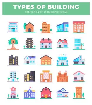 Flat icon building types. presented with clear visual elements. Stockillustratie
