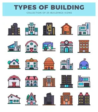 Flat icon building types on white background. Ilustración de archivo