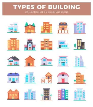 Flat icon buildings on a white background. presented as an infographic with.. Ilustración de archivo