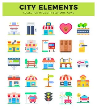 Flat icon city elements collection for urban design Stock Illustration