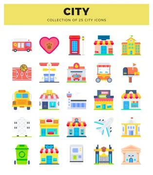 Flat icon city elements. featuring various buildings and transportation. Ilustración de archivo
