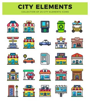 Flat icon city elements including buildings. vehicles. and services Illustrazione stock