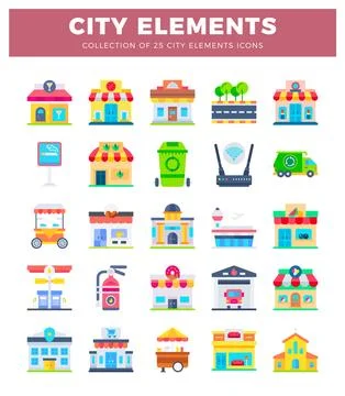 Flat icon city elements. including shops. services. and infrastructure. in .. 스톡 일러스트