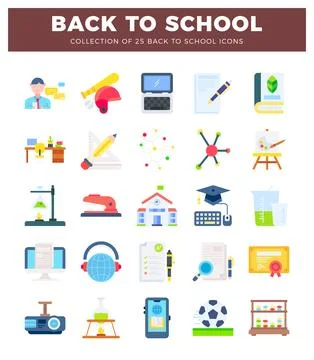 Flat icon collection for back to school with diverse educational and sporti.. Stock Illustration