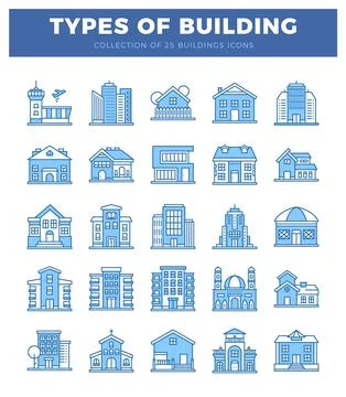 Flat icon collection of building types on white background Ilustración de archivo
