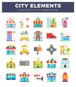 Flat icon collection of city elements. buildings. and transportation in a c.. Illustrazione stock