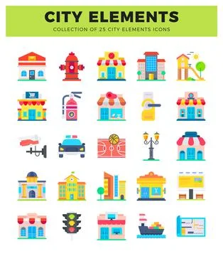 Flat icon collection of city elements with various buildings and transportati Illustrazione stock