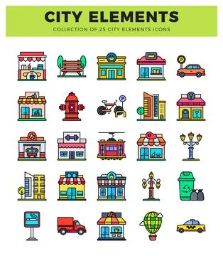 Flat icon collection of city elements in a clean. modern style on a white b.. Stockillustratie