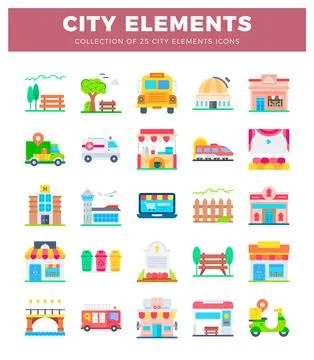 Flat icon collection of city elements. services. and buildings. Stock Illustration