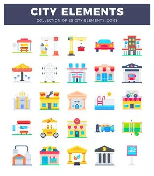 Flat icon collection of city elements. urban buildings. and transportation. Stockillustratie