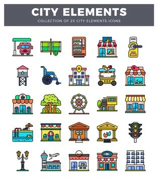 Flat icon collection of city elements featuring buildings and amenities on .. Illustrazione stock