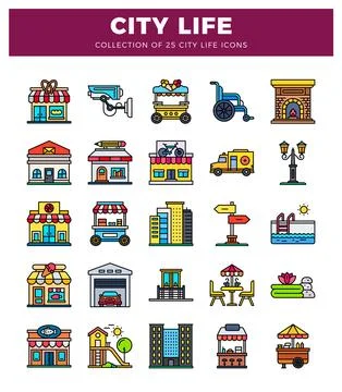 Flat icon collection City life buildings. transport. leisure. and services. Stock Illustration