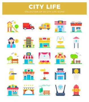 Flat icon collection for city life themes Stock Illustration