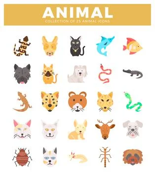 A flat icon collection of diverse animals in a grid layout Stockillustratie