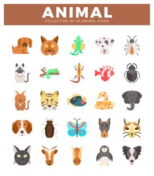 Flat icon collection of diverse animals on white background. presented with.. Stock Illustration