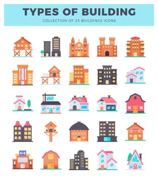 Flat icon collection of diverse building types on a white background Ilustración de archivo