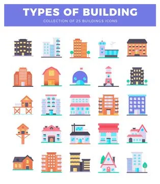 Flat icon collection of diverse building types. cityscape elements on white.. 스톡 일러스트