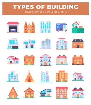 Flat icon collection of diverse building types on white background.  Divers.. Ilustración de archivo