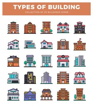 Flat icon collection of diverse building types on white background Ilustración de archivo