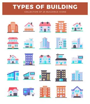 Flat icon collection of diverse building types against a white background Ilustración de archivo