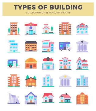 Flat icon collection of diverse building types on a white background. Ilustración de archivo